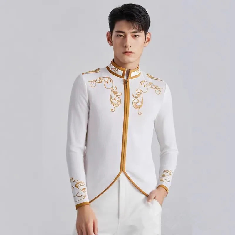 British Style Men Standing Collar Embroidered Suit Jacket Red / Blue Fashion Male Wedding Dance Party Patchwork Dress Coats