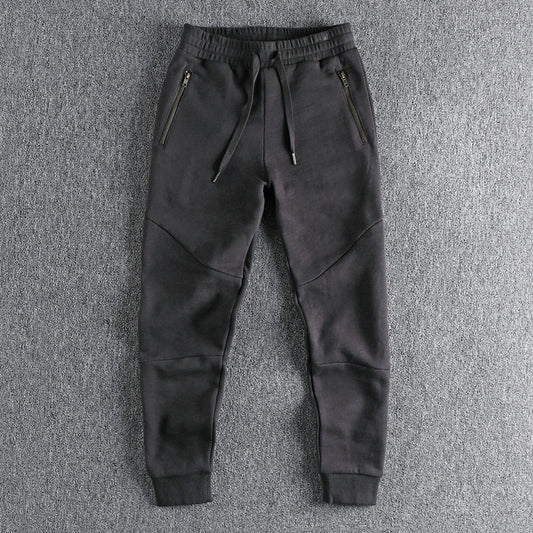 Autumn Winter American Retro Thick Sweatpants With Velvet Men's Pure Cotton Washed Heavyweight Knitted Sports Ankle-tied Pants