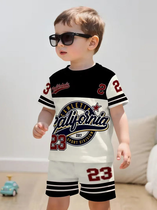 Boys 2Pcs Summer Outfit Short Sleeve T-Shirt + Shorts Set Black White Casual Sportswear Kids Streetwear Tracksuit