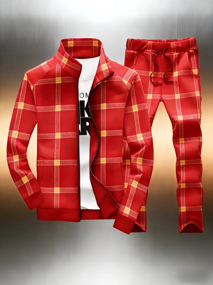 Men's Plaid Tracksuit 2 Piece Set Office Man Stand Collar Full Zip Jacket + Jogger Pants Casual Sportswear Outfit Male Clothings