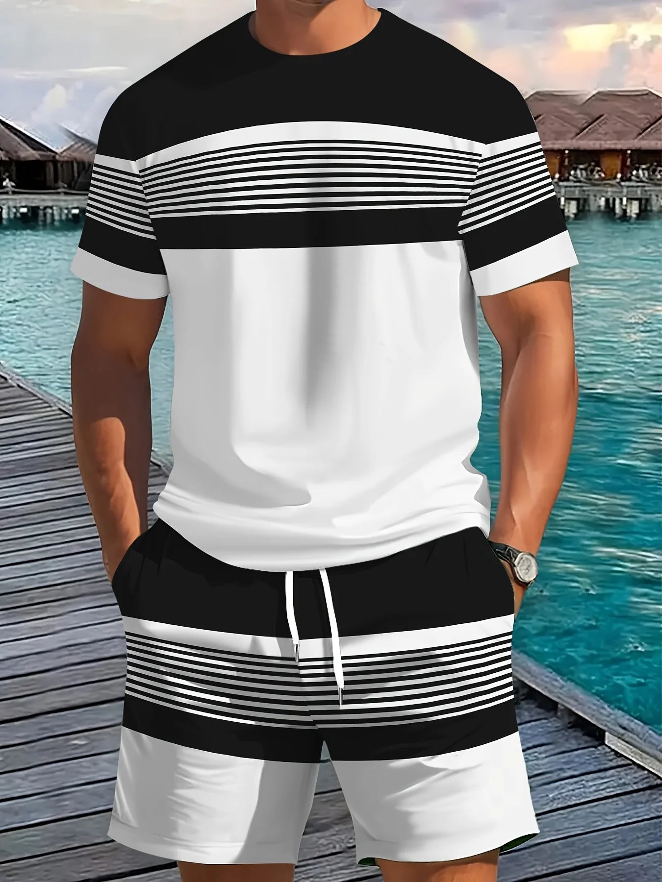New Summer Men's Sportswear Striped Short-Sleeve T-Shirt Set Two-Piece Outdoor Travel Apparel Relaxed-Fit Shorts Training Wear