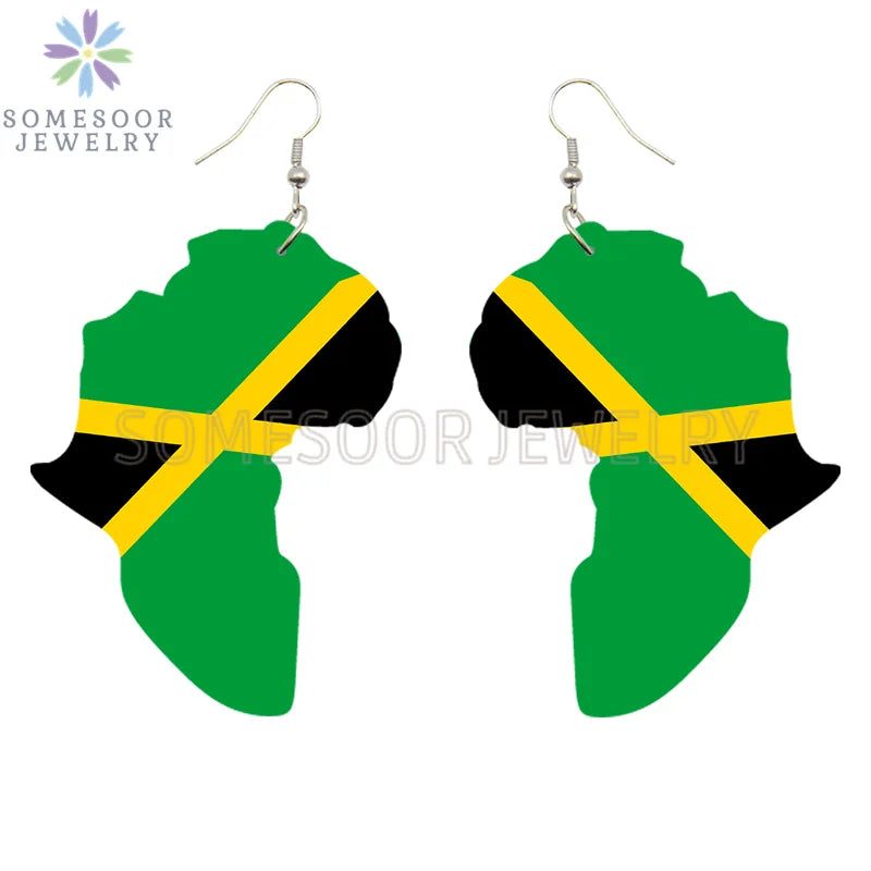SOMESOOR Afro Countries National Flags Print Africa Map Wooden Drop Earrings Pendant For Women African Mainland Dangle Jewelry