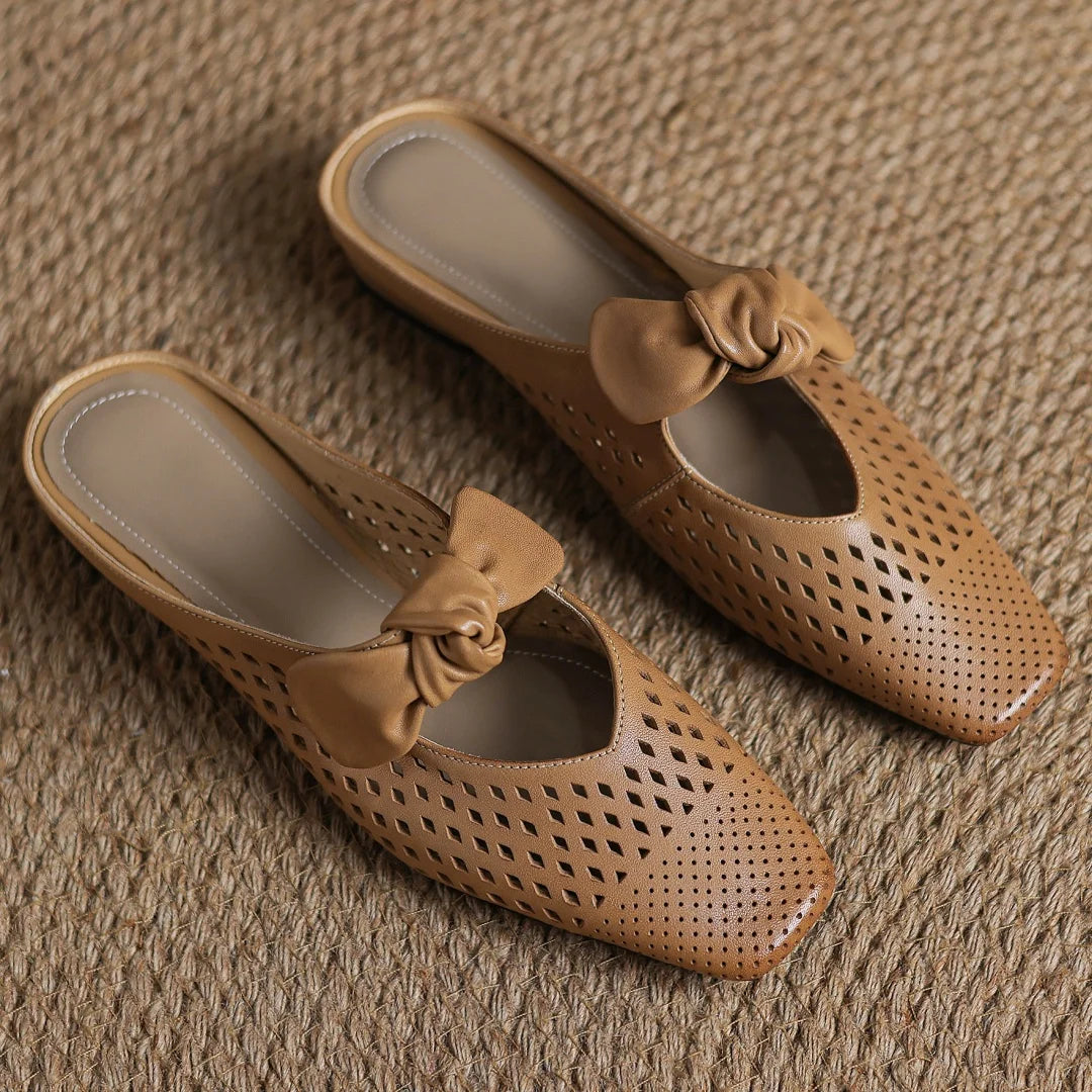 2025 Summer new plus size 34-41 women's hollow-out cow leather slip-on flats summer slides sandals sweet bowtie elegant mules
