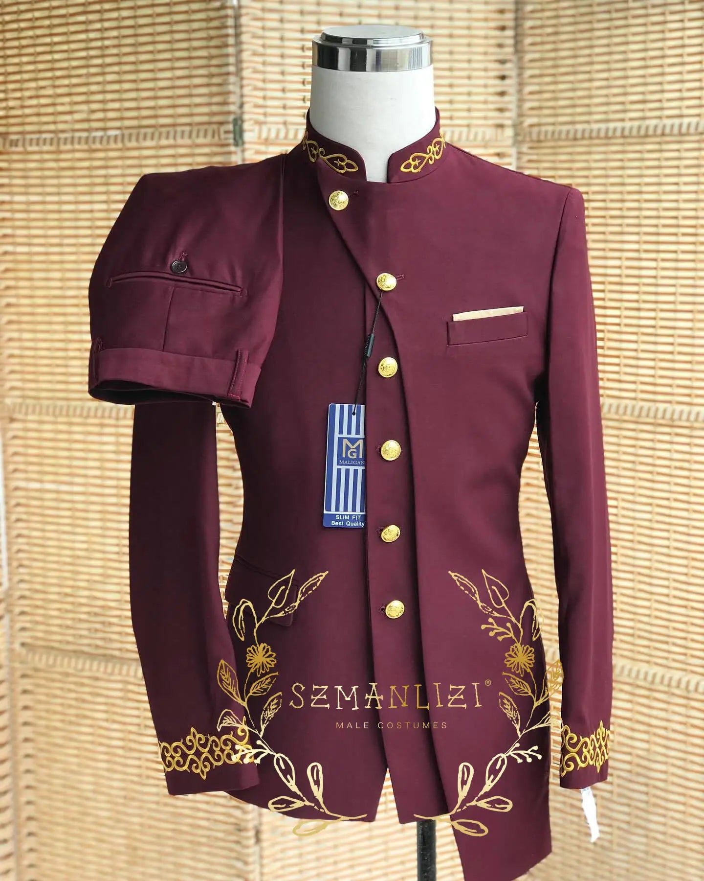 African Stand Collar Black Men Suits Appliques 2 Pieces Blazer+Pants Formal Groomsmen Wedding Tuxedos Costume Homme Mariage