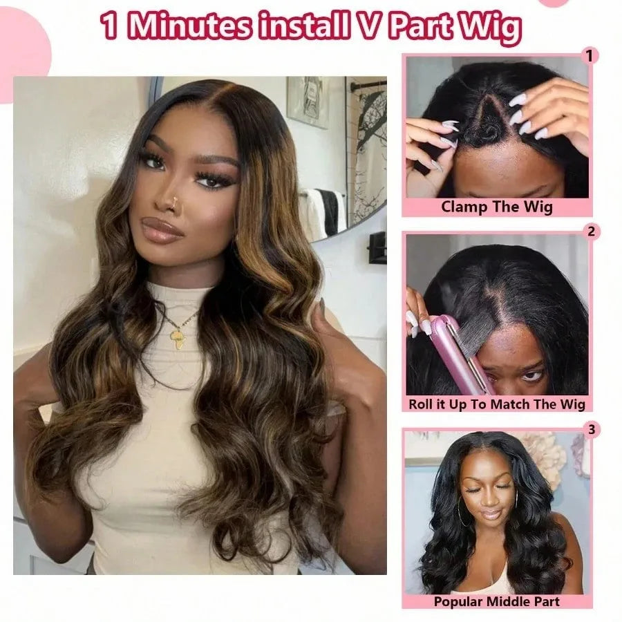 Ombre V Part Wig Human Hair Body Wave Upgrade U Part Human Hair Wig With Clips Black Wigs For Women 230% Density No Leave Out