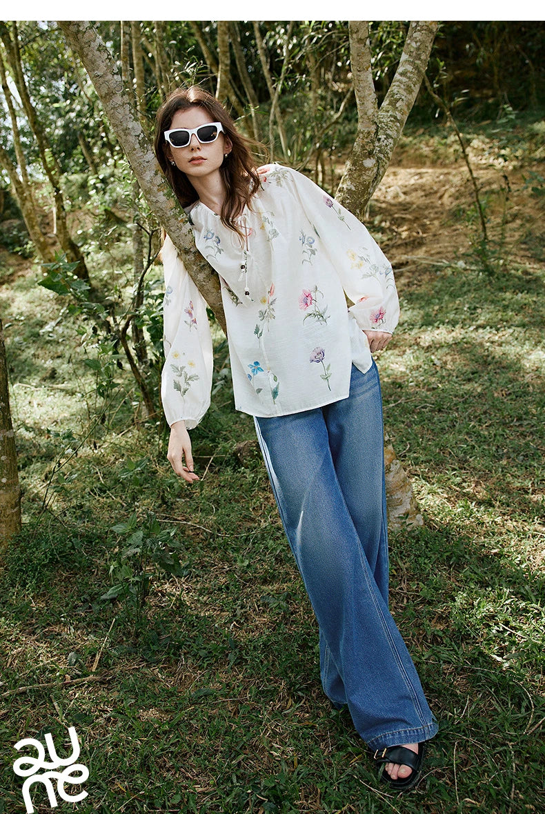 TOYOUTH Women Blouse Shirt 2025 Spring New Linen Floral Printed Velvet Casual Pullover Tops