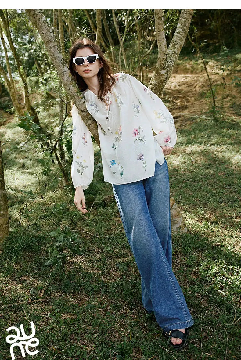 TOYOUTH Women Blouse Shirt 2025 Spring New Linen Floral Printed Velvet Casual Pullover Tops BAZAARHUBO