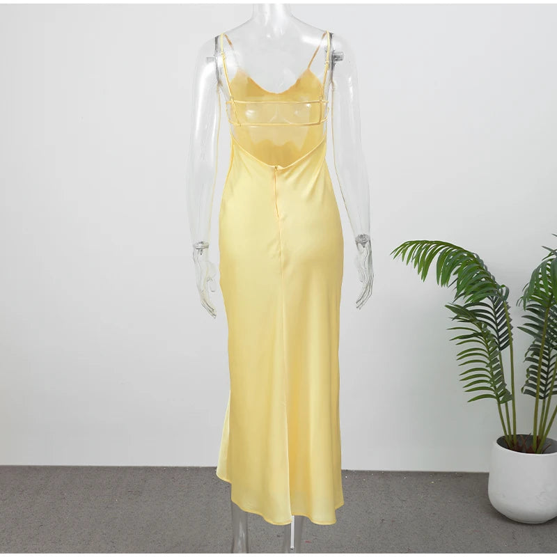 Elegant Satin Pink Women's Long Dresses Fashion Sleeveless Backless Slim Fit Hem Midi Dress Summer Female Holiday Robes 2026