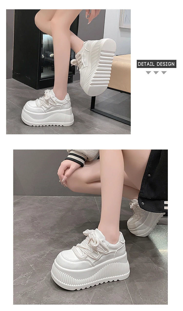 8.5CM New Synthetic Microfiber Leather Women Platform Wedge Ladies Chunky Sneakers 2024 High Brand Fashion Vulcanize Pumps Shoes