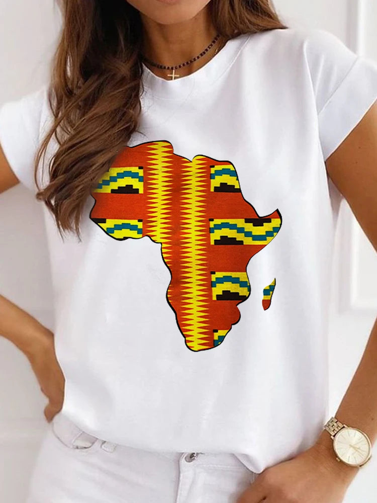 New African Funny Ladies Clothes Casual Short Sleeve Tshirt T Shirt O-neck Loose Summer White Tee Top Print Camisetas De Mujer