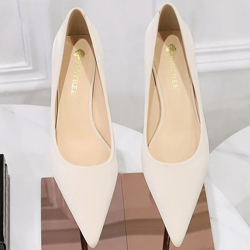 New Big Size Women's Boat Shoes Leather 4.5cm High Heels Pointed Toe Pumps Stilettos Basic Pump For Female White Black Wine Red