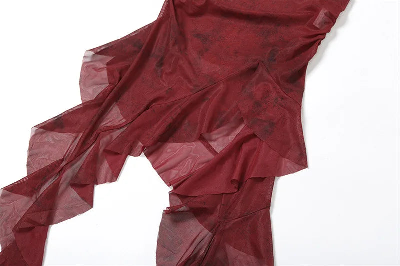 Streetwear 90s Grunge Mesh See Through Hooded Tops Cyber Y2K Irregular Hem Ruffles Hoodie Women Slim Blouse with Cuffs
