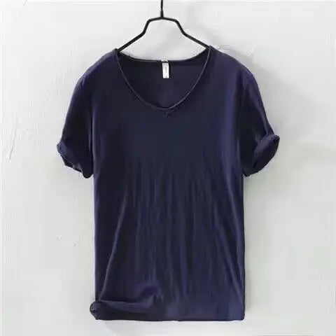 2023 Summer New 100% Cotton White T-shirt Male V-neck Solid Color Casual T Shirt Basic Tees Plus Size 3XL Short Sleeve Tops