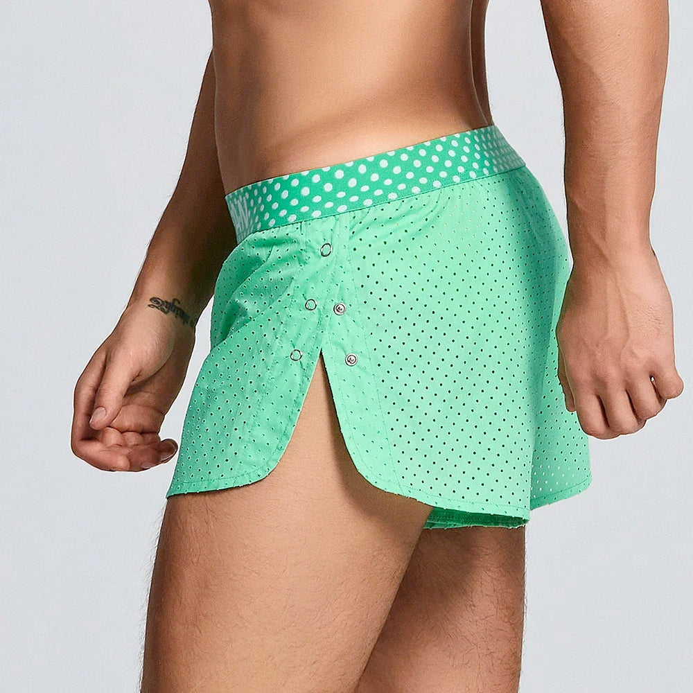 Summer new woven pure cotton Aro pants with side split button design, breathable mesh single-layer sleeping pants for men