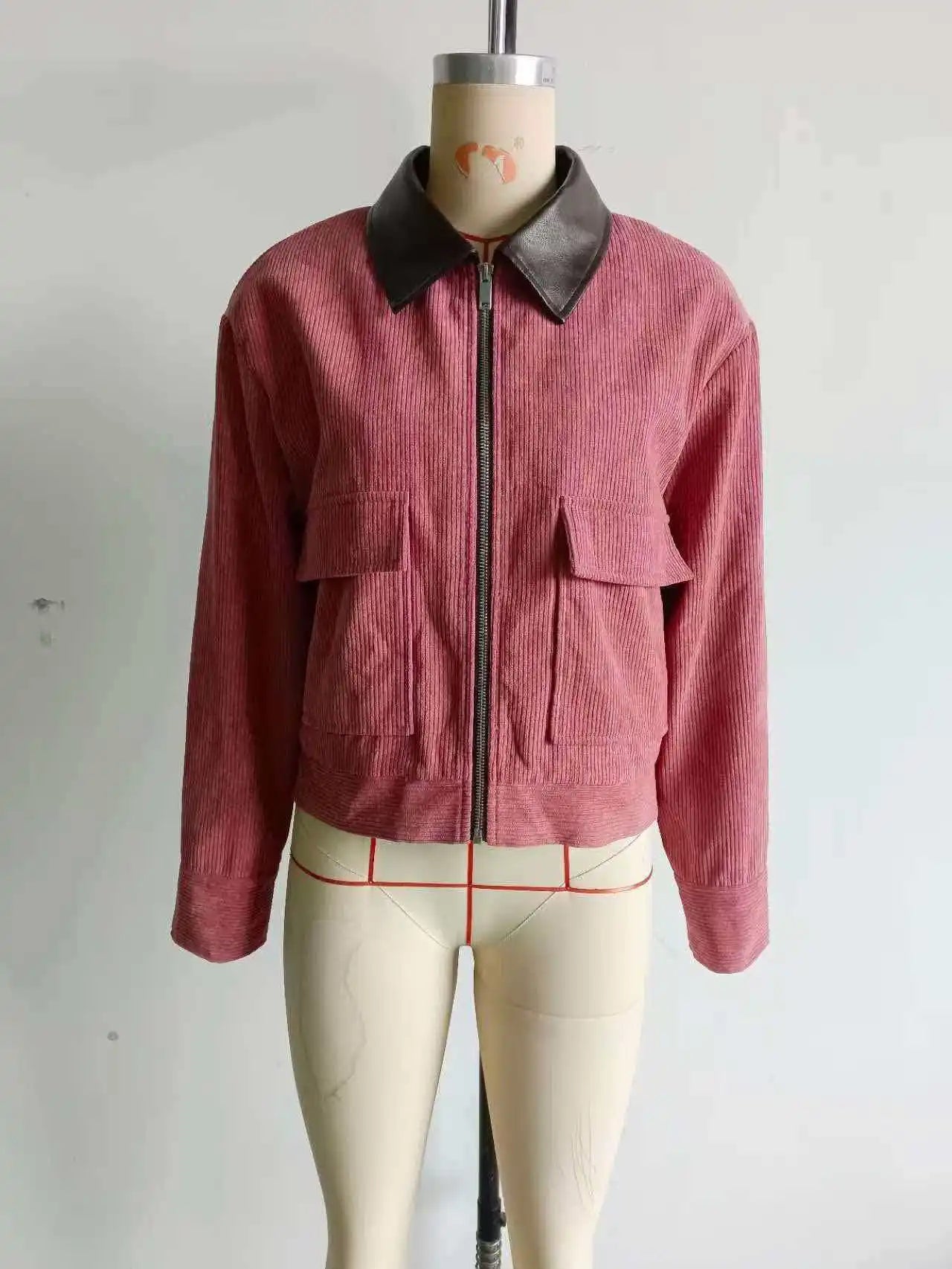 Women Pu Leather Collar Pink Cropped Jacket Corduroy Fashion Long Sleeve Zipper Coat 2026 New Lady Spring Chic Street Outwear