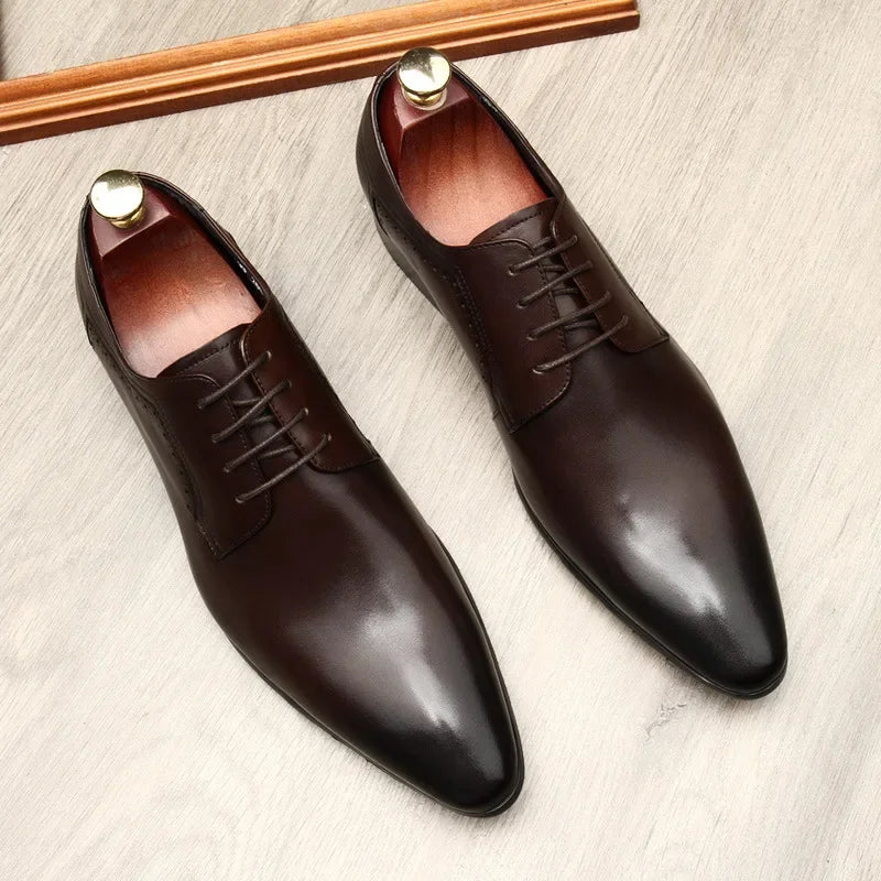 Leather shoes for men, lace up shoes for men, pointy, leather, high-end wedding, dress, Oxford, Lefu shoes, large, British style