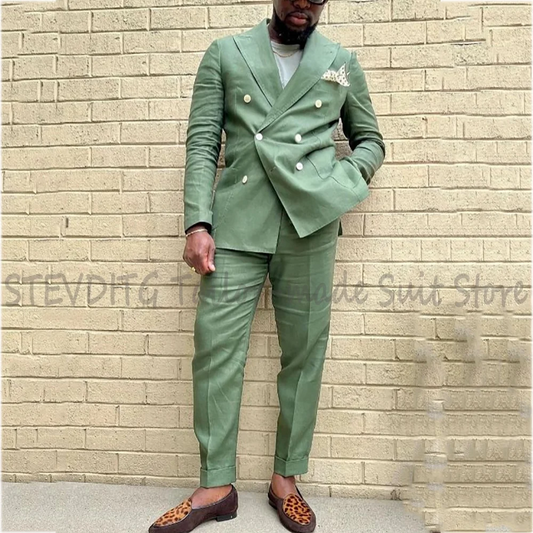 Green Linen Double Breasted Men Suit Peak Lapel Cuffed Pants Summer Beach Holiday Casual Party Streetwear Gentleman Outfit Set