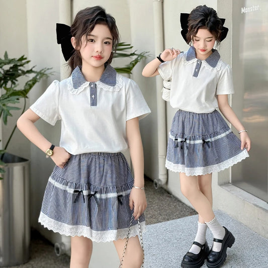 Girls Summer Outfit Children Fashion Polo Shirt+Plaid Skirt Two-Piece Set Kids Casual set for 4-14Yrs