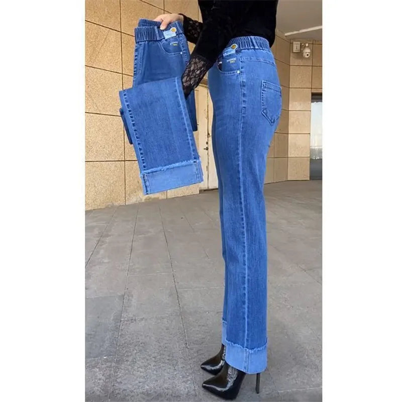 Plus Size Middle Aged Womens Jeans Elastic Waist High Waist Loose Denim Pants