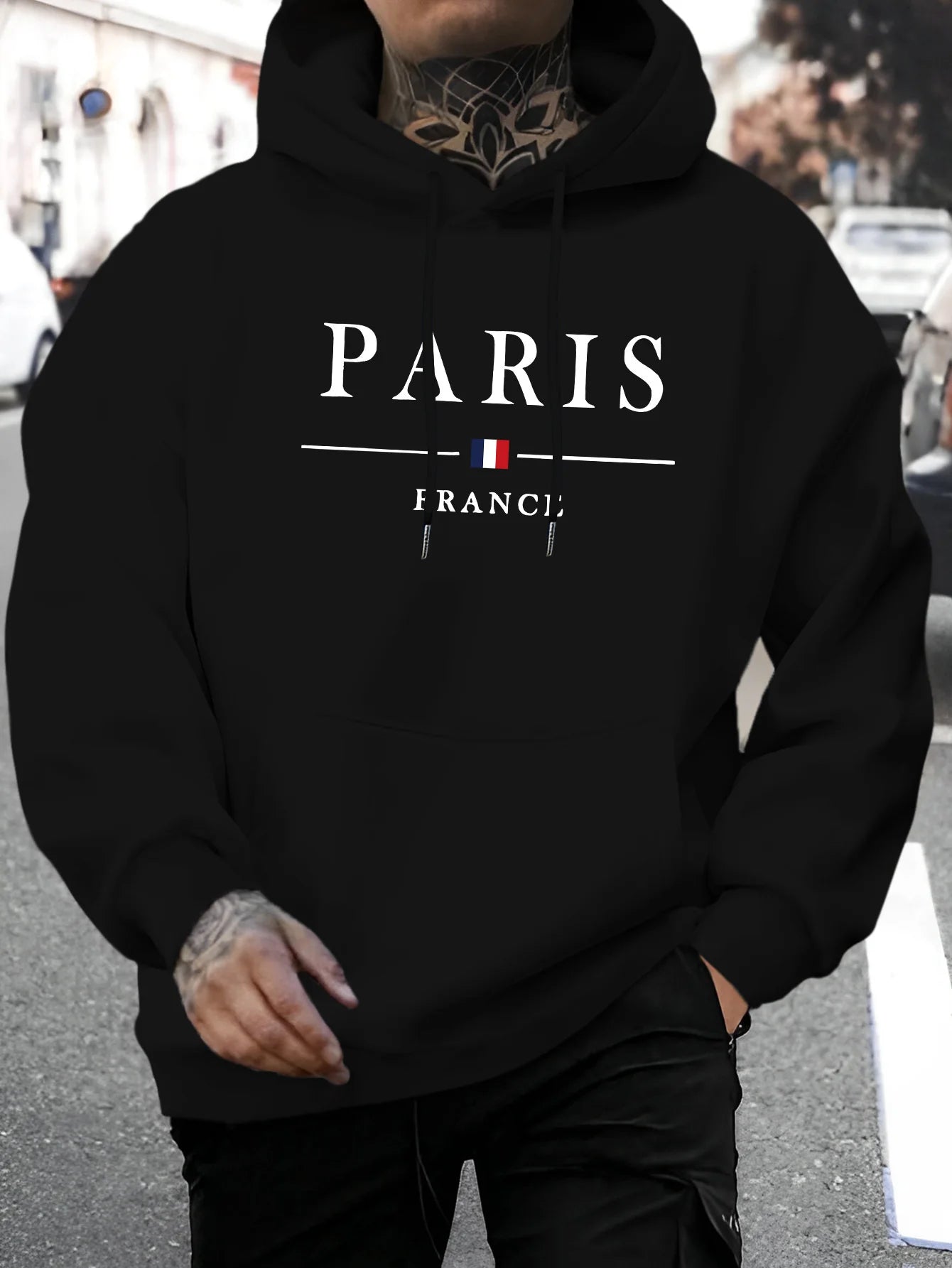 Men's autumn and winter casual fashion loose Paris letter pattern printed long sleeved hooded sweatshirt warm pullover BAZAARHUBO