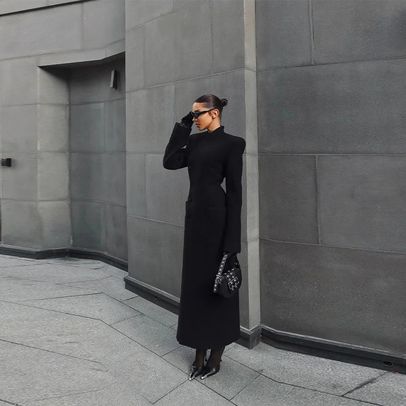 Elegant Long Coat Women V-neck Solid Slim Single-breasted Waist-closed Jackets Lady 2026 Spring Chic Female Streetwear