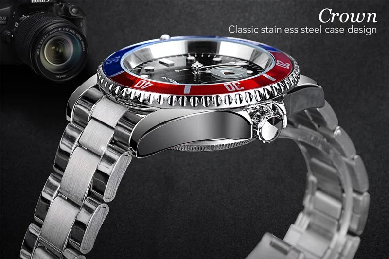 Classic Mechanical Watches Luxury Brand Business Automatic Watch for Men Rotatable Bezel Luminous Dial Steel Strap Clock