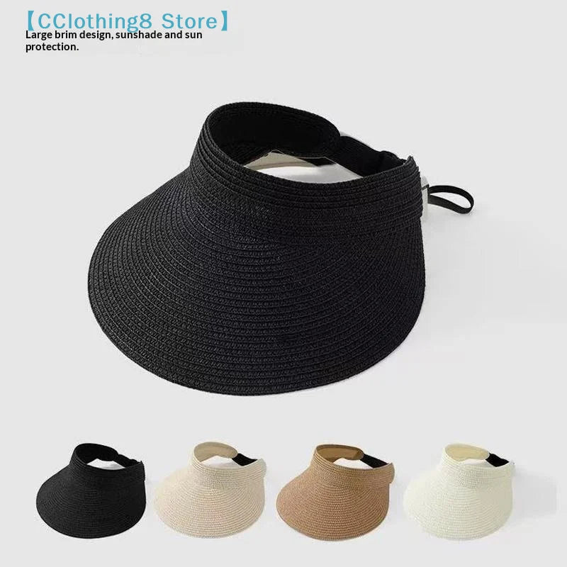 UPF50+ Wide Brim Visor Hat For Women Straw Beach Sun Visor Foldable Ponytail With UV Protection Straw Hat Beach Hats【AliS8】 BAZAARHUBO