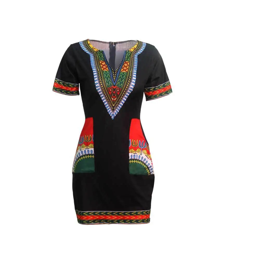 African Dresses for Women Summer 2022 Fashion Style African Women Short Sleeve V-neck Polyester Knee-length Dress