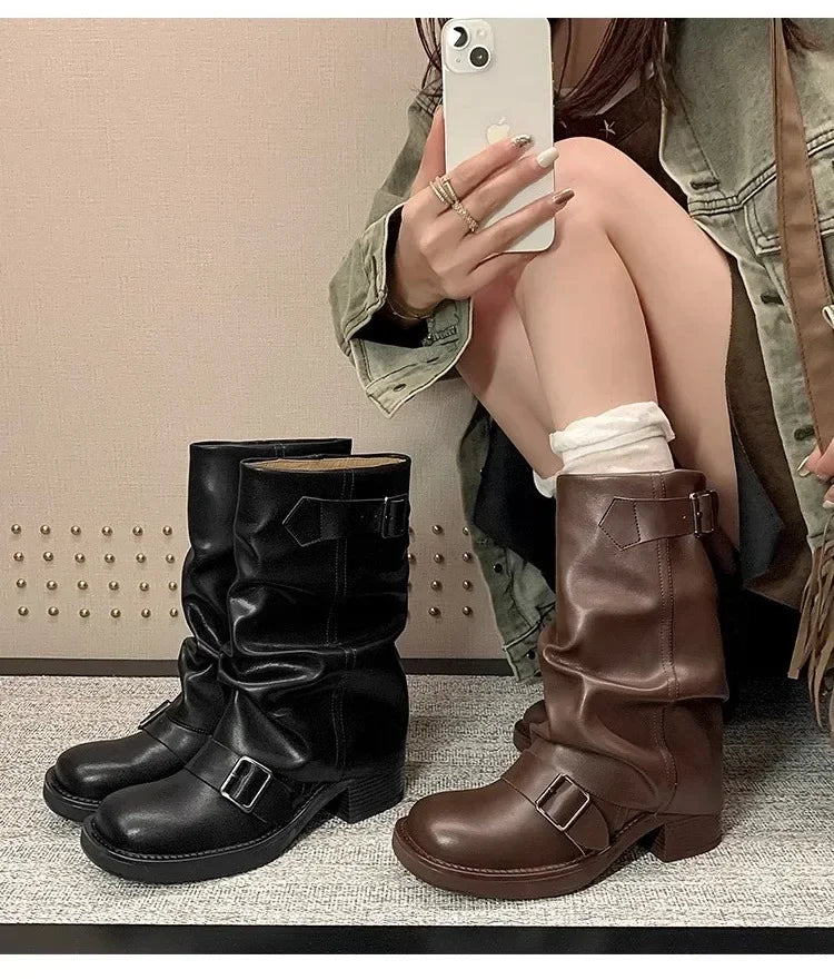 Pleated Buckle Knight Boots for Women Autumn Brown PU Leather Mid Calf Boots Woman Slip-On Thick Heel Riding 2024