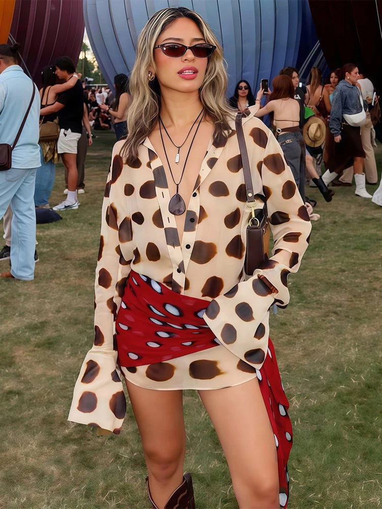 Women Two Tone Dot Print Long Sleeve Split Midi Dress Y2K Deep V Drawstring Slim Mermaid Skirt 2026 Street Club Party Outfit