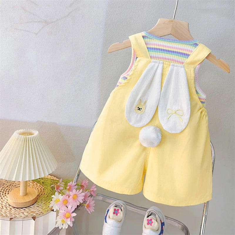 Baby Girls Clothing Sets Children Summer Clothes Cartoon Rabbit Stripe Vest Shorts 2 Pieces Suit Kids Casual Clothes Outfits