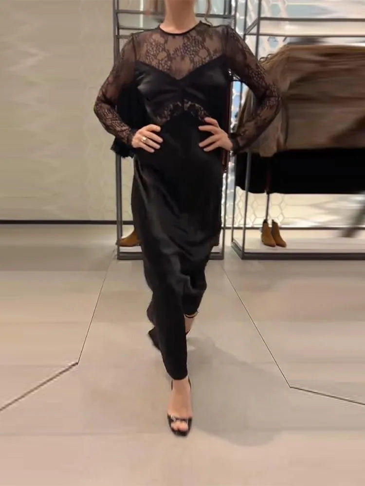 Lace Patchwork Long Evening Dress With Sheer Sleeves For Women Clubwear