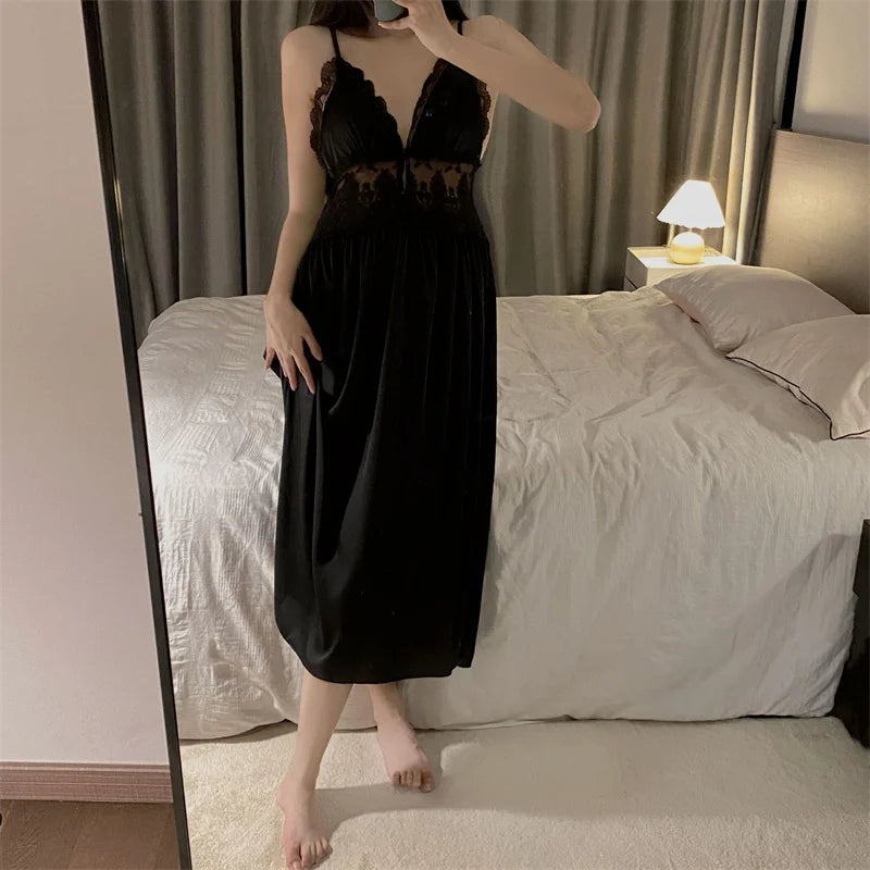 Sexy Two Piece Dress Set Spring Summer Sleepwear Lingerie Lace Sling Long Sleeve Nightdress Women Pijama Suit Ladies Nightgowns