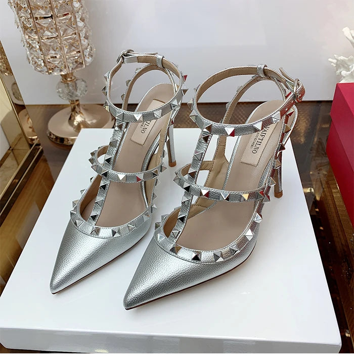 Nude Women's Gladiator sandals Summer 2025 Luxury With Ankle Strap Pointed Toe Fashion Rivet High Heels Party Ladies Shoes Women