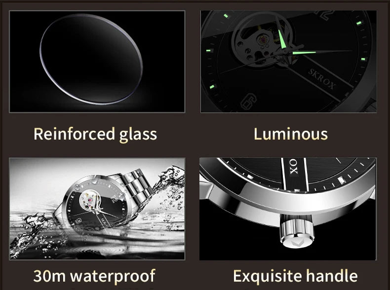 Original Genuine SKROX High-end Luxury Stainless Steel Skeleton Automatic Mens Watch Mechanical Waterproof Elegant Wrist Watches