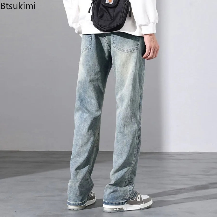 2026 New Mens Fashion Retro High Street Jeans Spring Summer Loose Casual Straight Leg Micro Flared Long Trousers Male Streetwear