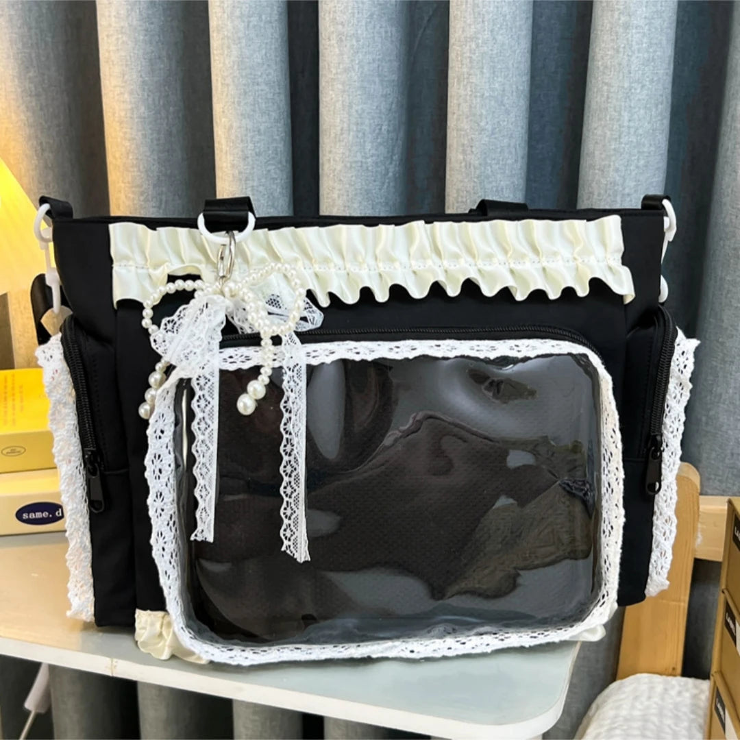 Sweet Lolita Single Shoulder Crossbody Bag Transparent Window Lace Ruffles Anime Badge Display Bag for Women