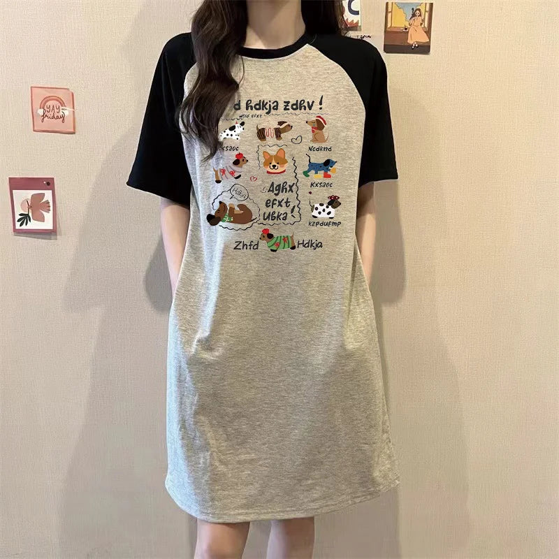 A Summer Japanese Popular Cartoon Cute Puppy Printed Loose Round-neck Short-sleeved Dress for Women