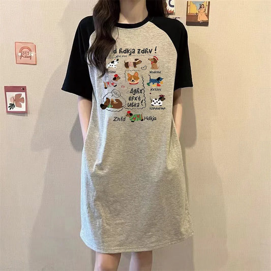 A Summer Japanese Popular Cartoon Cute Puppy Printed Loose Round-neck Short-sleeved Dress for Women