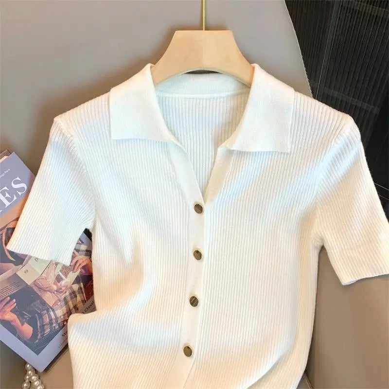 Knitted Polo Shirt  Women's Summer Cardigan Short Sleeve T-Shirt Casual Fashion Short Sleeve Tops Knitwear 2025 Korean Clothing