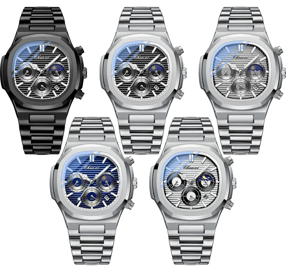 CHENXI Fashion Luxury Men's Watches Stainless Steel Quartz Movement Waterproof Calendar Moon Phase Chronograph Watch for Men