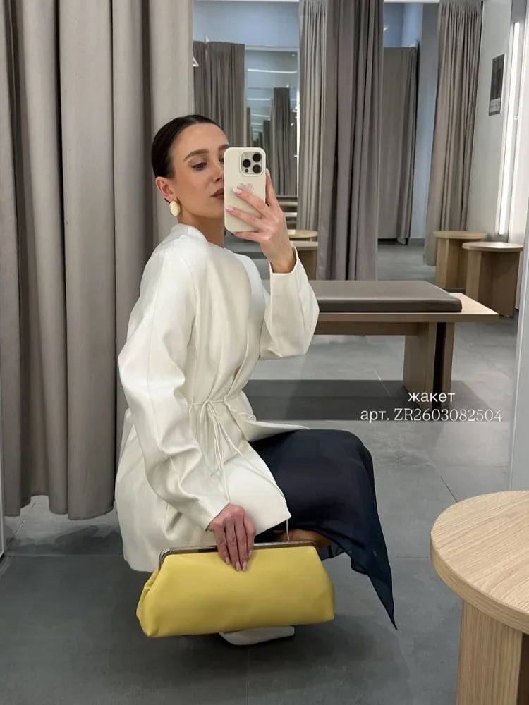 Women Elegant Solid Lace-up Blazer Set Lady Chic V-neck Full Sleeve Loose Coat Wide-leg Pants Suit 2026 Casual Commute Outfit