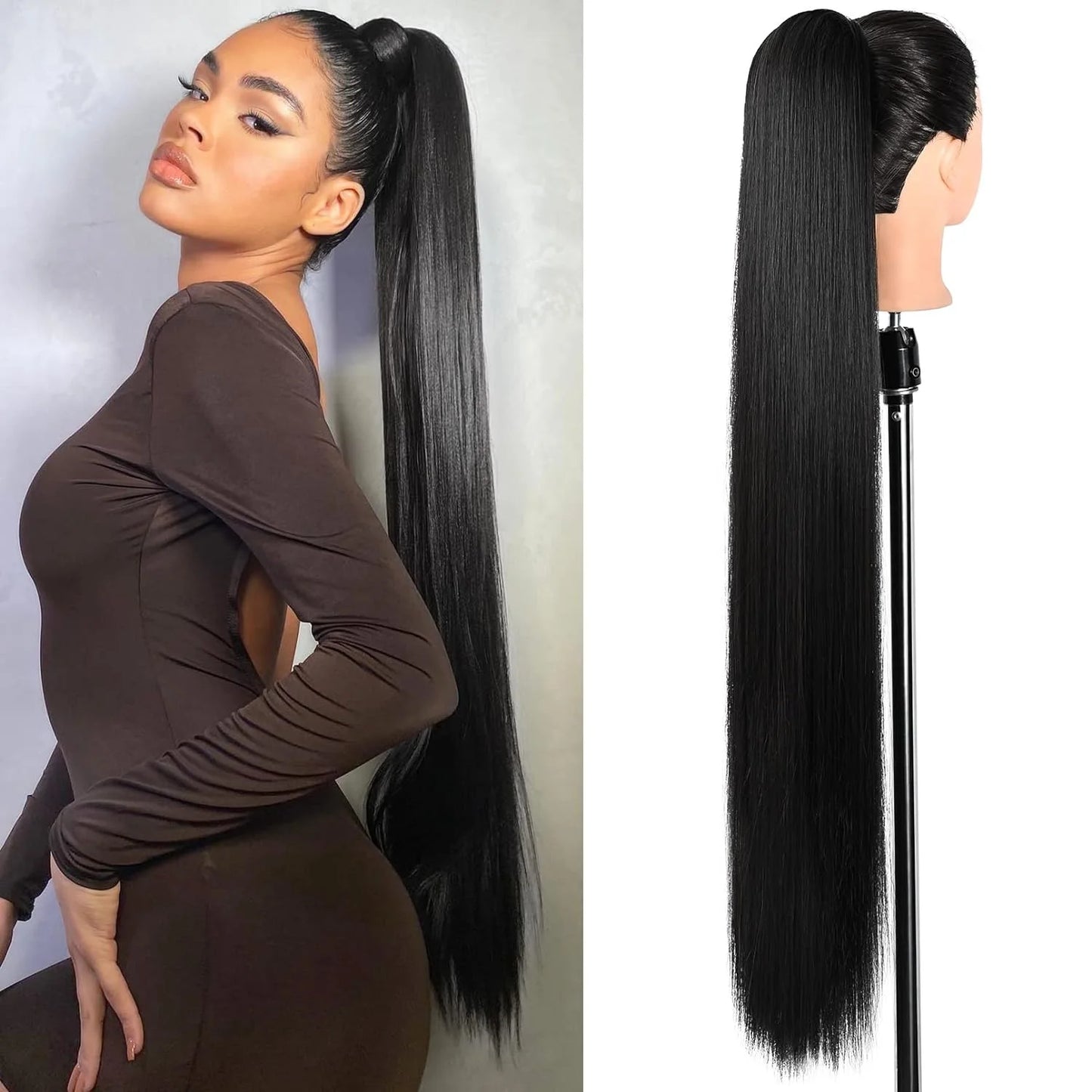 Long Straight Ponytail Extension Clip in,14/15/16 Inch Wrap Around Ponytail Heat Resistant Synthetic Pony Tail Hair
