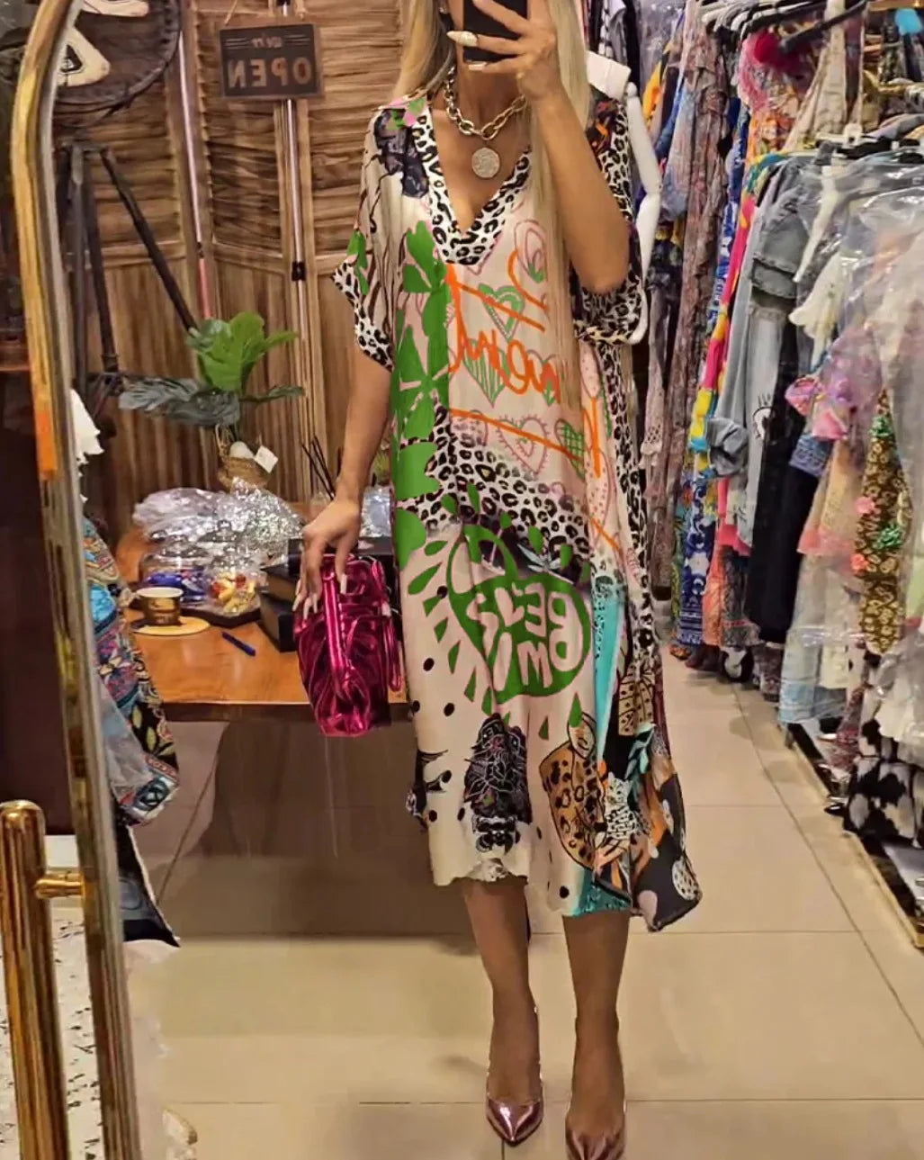 Leopard Print Shirt Dress Women Loose V Neck Summer Mid Calf Polyester