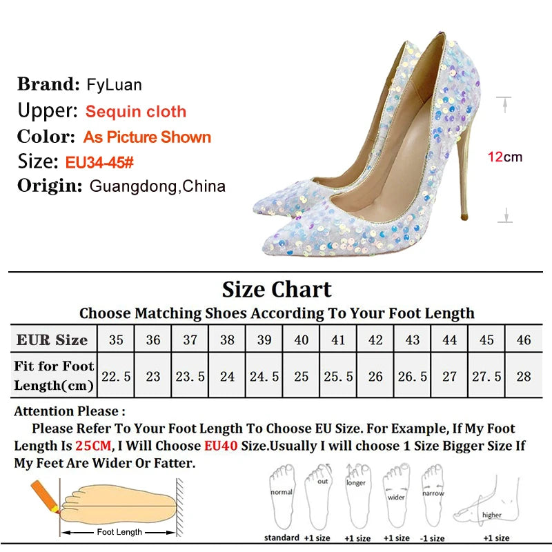 Women Wedding High Heels Fashion Pointed Toe 8CM 10CM 12CM Blingbling Party Dress Shoes Plus Size 45 Glitter Sequis Woman Pumps