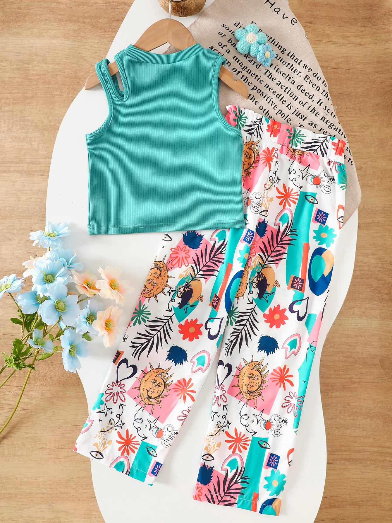 Teen Girls Summer Clothes Set Fashion Ribbed Top & Tropical Wide Leg Pants 2PCS Kids Streetwear Outfits for Party 5-14 Y