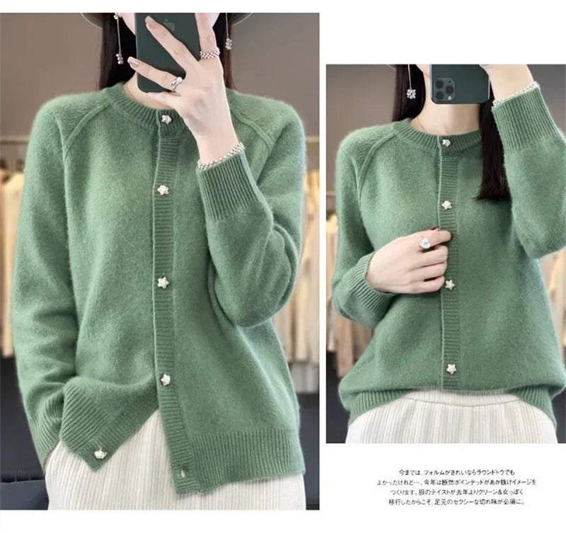 New Women Cardigan Sweater Autumn/Winter Round Neck Star Button Solid Knit Bottoming Shirt Jacket Quality Knitwear Female Tops