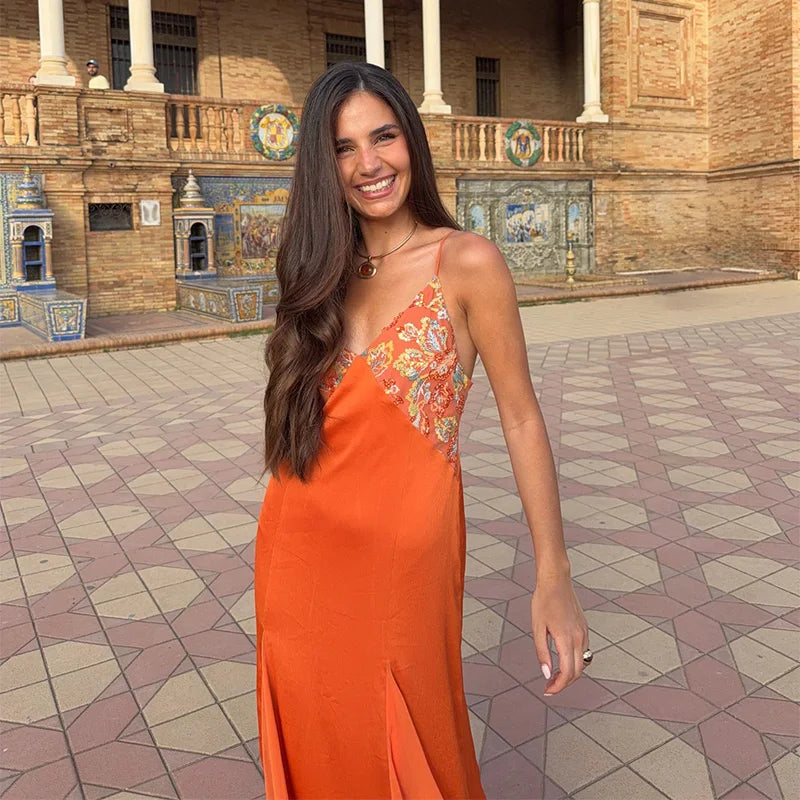 Sexy Women's Sequined Flower Long Orange Sling Dress Deep V Neck Sleeveless Backless Dresses 2026 Summer Holiday Party Robes New