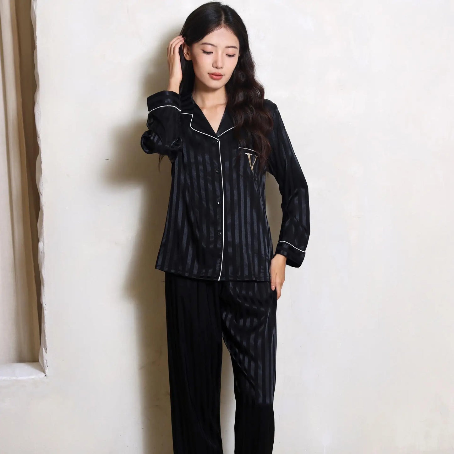 Silky Satin Pajama For Women Striped 2PCS Sleep Set Homewear 2025 Spring New Long Sleeve Trouser Suits Loungewear Nightwear