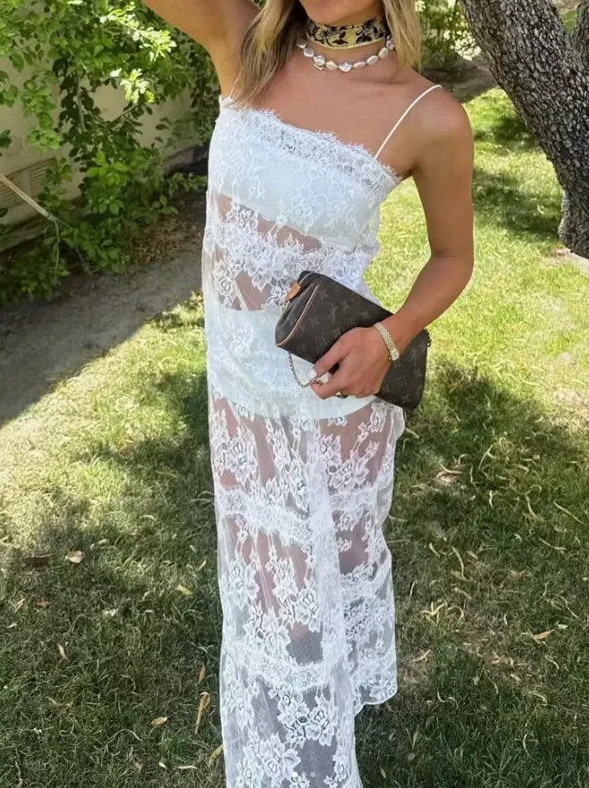 Solid Lace Halter Maxi Dress Sexy Cutout Waist Sheer Slim Fit Fishtail Long Gowns Women's Summer Evening Party Robes 2026 New